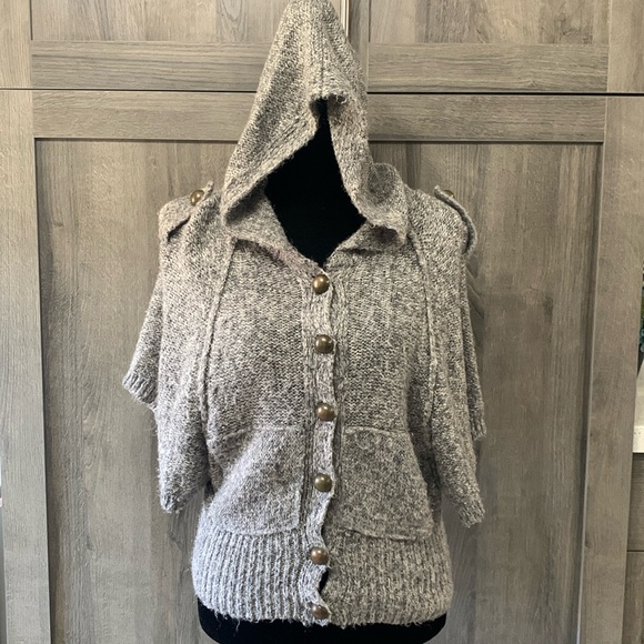 Twenty-one Sweaters - Twenty One Over Sized Capped Sleeves Taupe Hooded Sweater Women's Size S Petite